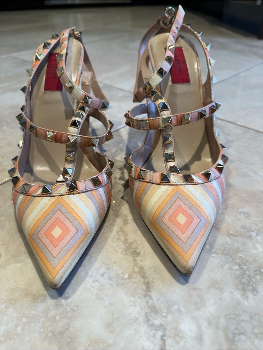 Valentino Rockstud Multicolor Striped Pointed Toe Slingback Heels